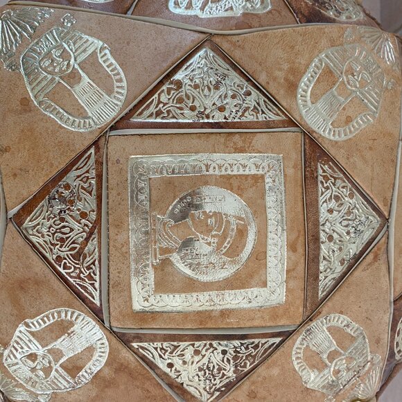 Round Leather Pouf Ottoman with Egyptian Accents - Picture 3 of 8